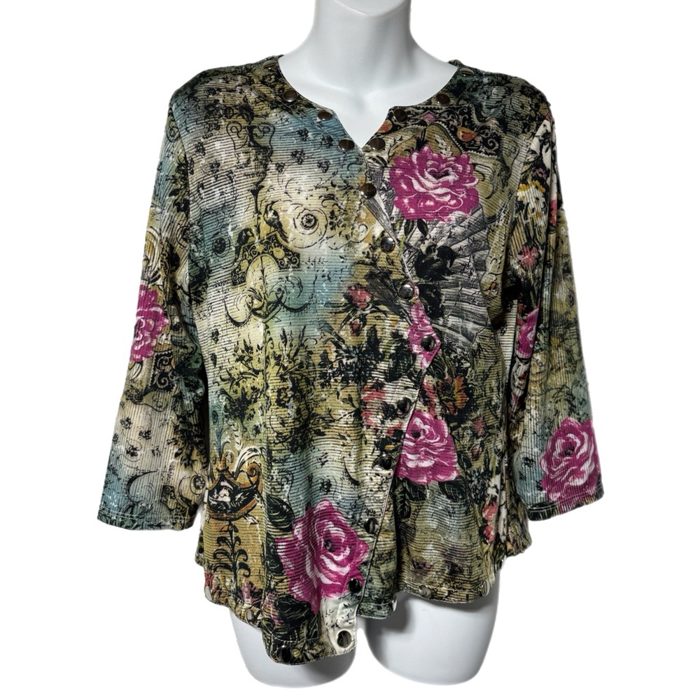 Boho Chic Artsy Rose Romantic Print Snap Embellished Blouse Shirt M Asymmetric